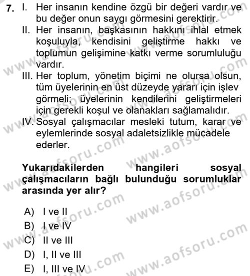 Sosyal Hizmete Giriş Dersi 2021 - 2022 Yılı Yaz Okulu Sınav Soruları 7. Soru