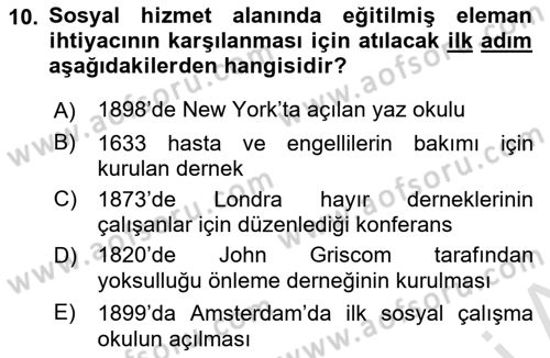 Sosyal Hizmete Giriş Dersi Ara Sınavı Deneme Sınav Soruları 10. Soru