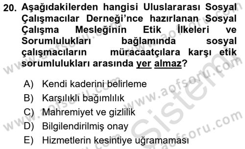 Sosyal Hizmete Giriş Dersi Ara Sınavı Deneme Sınav Soruları 20. Soru