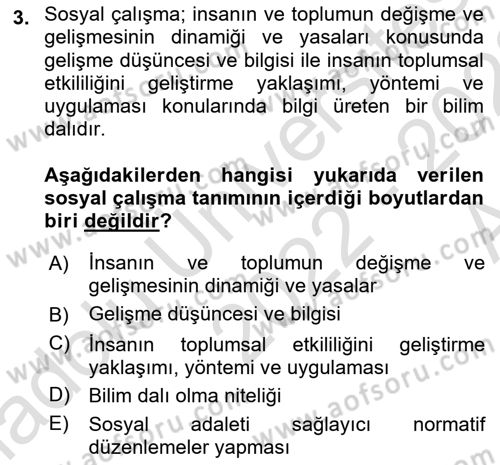 Sosyal Hizmete Giriş Dersi Ara Sınavı Deneme Sınav Soruları 3. Soru
