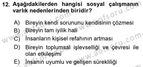 Sosyal Hizmete Giriş Dersi 2022 - 2023 Yılı Yaz Okulu Sınav Soruları 12. Soru