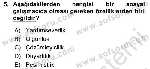 Sosyal Hizmete Giriş Dersi Ara Sınavı Deneme Sınav Soruları 5. Soru