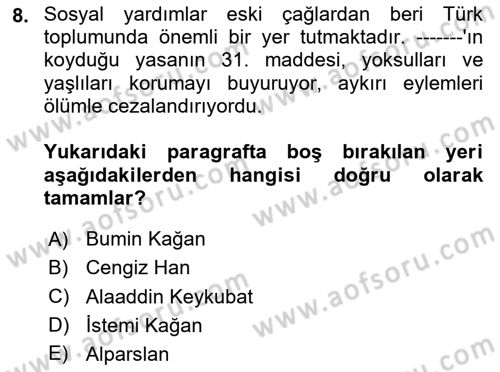 Sosyal Hizmete Giriş Dersi 2024 - 2025 Yılı (Vize) Ara Sınav Soruları 8. Soru
