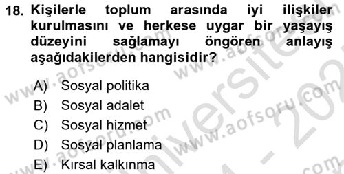 Sosyal Hizmete Giriş Dersi 2024 - 2025 Yılı (Final) Dönem Sonu Sınav Soruları 18. Soru