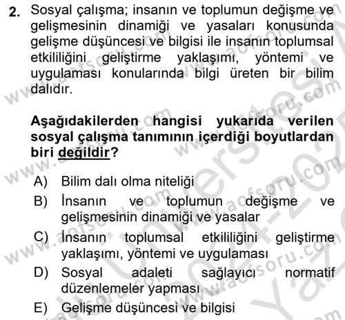 Sosyal Hizmete Giriş Dersi 2024 - 2025 Yılı Yaz Okulu Sınav Soruları 2. Soru