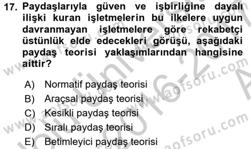 İş Etiği Dersi 2016 - 2017 Yılı (Vize) Ara Sınav Soruları 17. Soru
