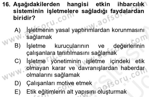 İş Etiği Dersi 2017 - 2018 Yılı 3 Ders Sınav Soruları 16. Soru