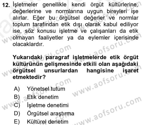 İş Etiği Dersi 2017 - 2018 Yılı (Final) Dönem Sonu Sınav Soruları 12. Soru