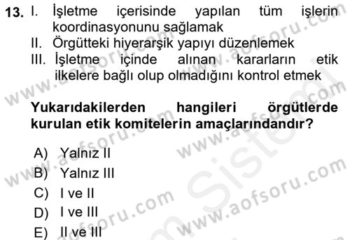 İş Etiği Dersi 2017 - 2018 Yılı (Final) Dönem Sonu Sınav Soruları 13. Soru