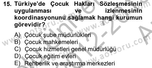 Sosyal Hizmet Kuruluşları Dersi 2012 - 2013 Yılı (Vize) Ara Sınav Soruları 15. Soru