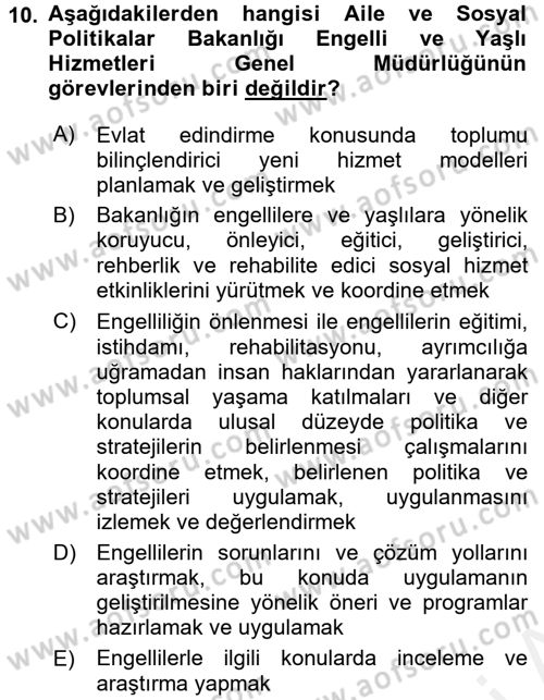 Sosyal Hizmet Kuruluşları Dersi 2015 - 2016 Yılı (Vize) Ara Sınav Soruları 10. Soru