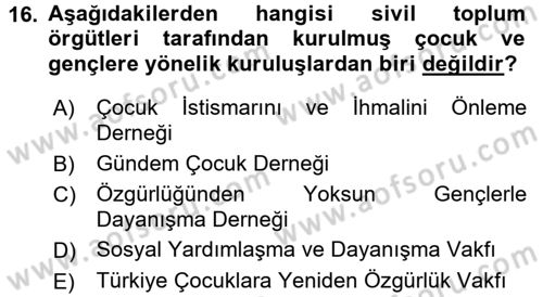 Sosyal Hizmet Kuruluşları Dersi 2015 - 2016 Yılı (Vize) Ara Sınav Soruları 16. Soru