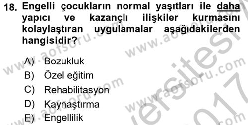 Sosyal Hizmet Kuruluşları Dersi 2016 - 2017 Yılı (Vize) Ara Sınav Soruları 18. Soru