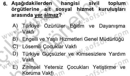 Sosyal Hizmet Kuruluşları Dersi 2016 - 2017 Yılı (Vize) Ara Sınav Soruları 6. Soru