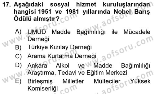 Sosyal Hizmet Kuruluşları Dersi 2020 - 2021 Yılı Yaz Okulu Sınav Soruları 17. Soru