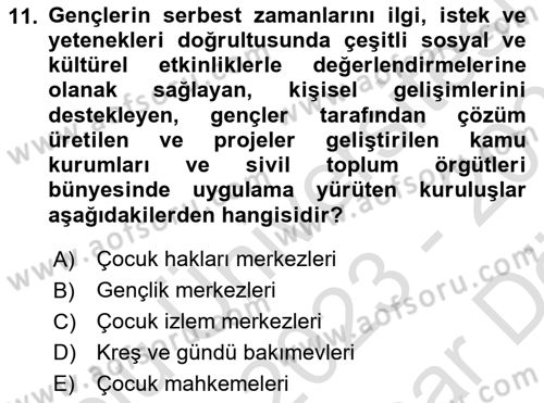 Sosyal Hizmet Kuruluşları Dersi 2023 - 2024 Yılı (Vize) Ara Sınav Soruları 11. Soru