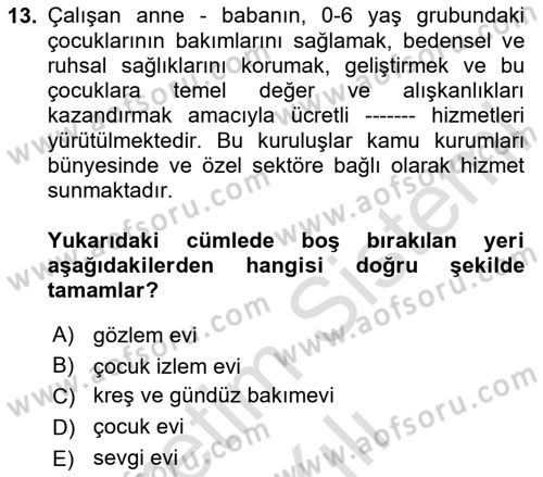 Sosyal Hizmet Kuruluşları Dersi 2023 - 2024 Yılı (Vize) Ara Sınav Soruları 13. Soru