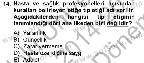 Temel Bakım Hizmetleri Dersi 2014 - 2015 Yılı (Final) Dönem Sonu Sınav Soruları 14. Soru