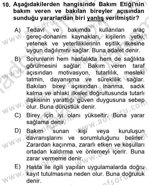 Temel Bakım Hizmetleri Dersi 2021 - 2022 Yılı (Final) Dönem Sonu Sınav Soruları 10. Soru