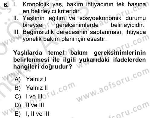 Temel Bakım Hizmetleri Dersi 2025 - 2026 Yılı (Vize) Ara Sınav Soruları 6. Soru