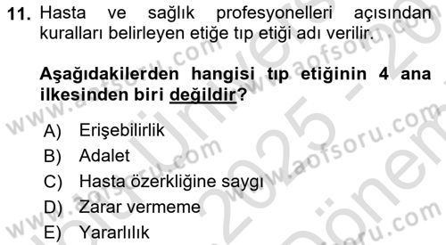 Temel Bakım Hizmetleri Dersi 2025 - 2026 Yılı (Final) Dönem Sonu Sınav Soruları 11. Soru