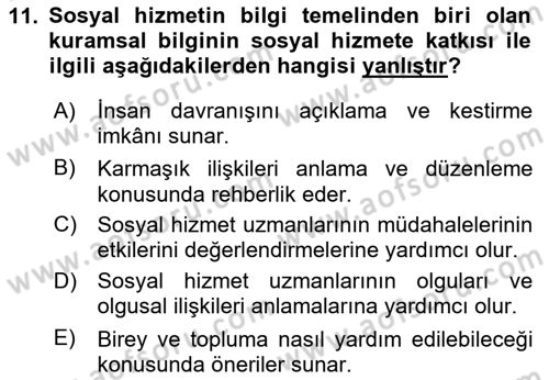 Sosyal Hizmet Mesleğine Giriş Dersi 2024 - 2025 Yılı (Vize) Ara Sınav Soruları 11. Soru
