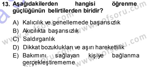 Özel Gereksinimli Bireyler ve Bakım Hizmetleri Dersi 2013 - 2014 Yılı (Vize) Ara Sınav Soruları 13. Soru