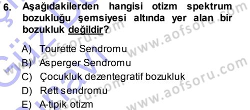 Özel Gereksinimli Bireyler ve Bakım Hizmetleri Dersi 2013 - 2014 Yılı (Vize) Ara Sınav Soruları 6. Soru