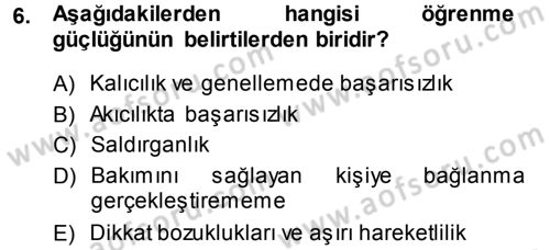 Özel Gereksinimli Bireyler ve Bakım Hizmetleri Dersi 2013 - 2014 Yılı Tek Ders Sınav Soruları 6. Soru