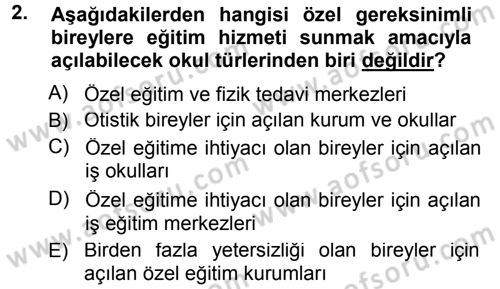 Özel Gereksinimli Bireyler ve Bakım Hizmetleri Dersi 2014 - 2015 Yılı (Vize) Ara Sınav Soruları 2. Soru