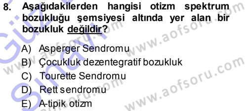Özel Gereksinimli Bireyler ve Bakım Hizmetleri Dersi 2014 - 2015 Yılı (Vize) Ara Sınav Soruları 8. Soru