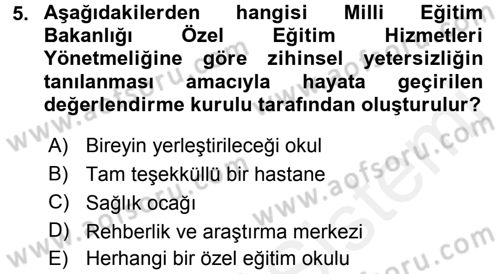 Özel Gereksinimli Bireyler ve Bakım Hizmetleri Dersi 2016 - 2017 Yılı (Final) Dönem Sonu Sınav Soruları 5. Soru