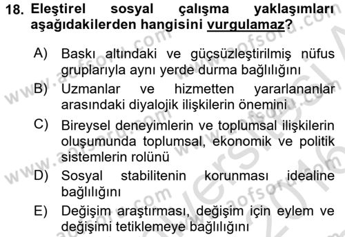 Sosyal Hizmet Uygulamaları Dersi 2015 - 2016 Yılı (Final) Dönem Sonu Sınavı 18. Soru