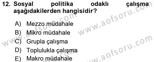 Sosyal Hizmet Uygulamaları Dersi 2016 - 2017 Yılı (Vize) Ara Sınav Soruları 12. Soru