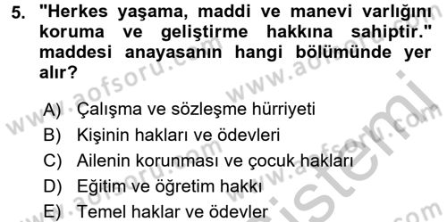 Sosyal Hizmet Mevzuatı Dersi 2016 - 2017 Yılı (Vize) Ara Sınav Soruları 5. Soru