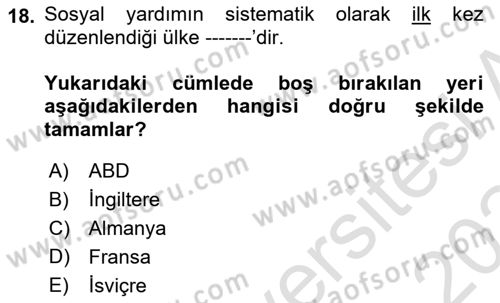Sosyal Hizmet Mevzuatı Dersi 2023 - 2024 Yılı (Final) Dönem Sonu Sınav Soruları 18. Soru