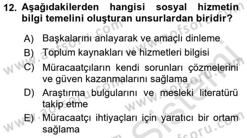 Bireylerle Sosyal Hizmet Dersi 2021 - 2022 Yılı (Vize) Ara Sınav Soruları 12. Soru