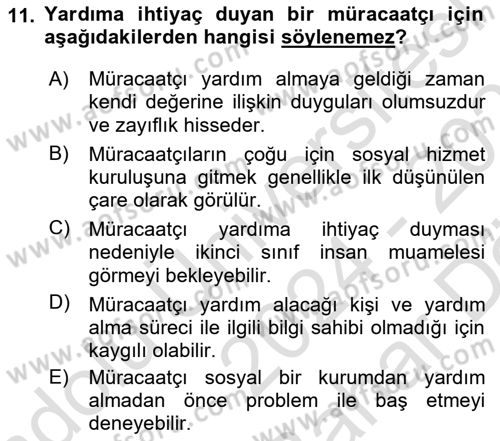Bireylerle Sosyal Hizmet Dersi 2024 - 2025 Yılı (Vize) Ara Sınav Soruları 11. Soru