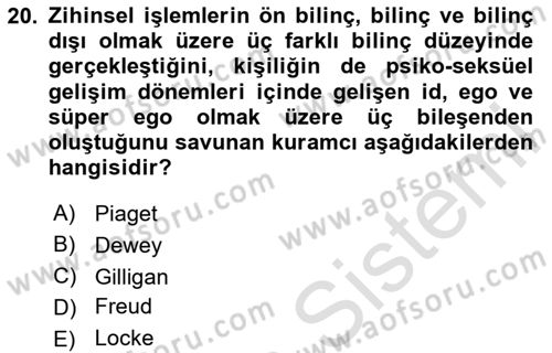 İnsan Davranışı Ve Sosyal Çevre 1 Dersi 2024 - 2025 Yılı (Vize) Ara Sınav Soruları 20. Soru