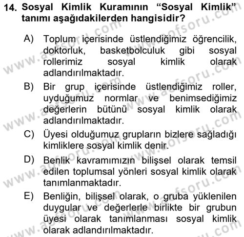 İnsan Davranışı Ve Sosyal Çevre 2 Dersi 2017 - 2018 Yılı (Vize) Ara Sınav Soruları 14. Soru