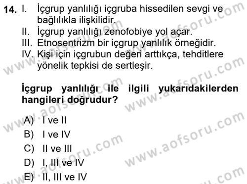 İnsan Davranışı Ve Sosyal Çevre 2 Dersi 2018 - 2019 Yılı (Vize) Ara Sınavı 14. Soru