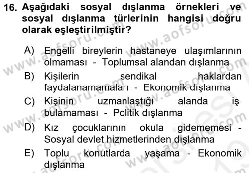 İnsan Davranışı Ve Sosyal Çevre 2 Dersi 2018 - 2019 Yılı (Final) Dönem Sonu Sınav Soruları 16. Soru