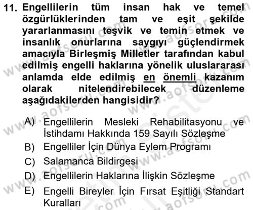 Engellilerle Sosyal Hizmet Dersi 2018 - 2019 Yılı (Vize) Ara Sınavı 11. Soru