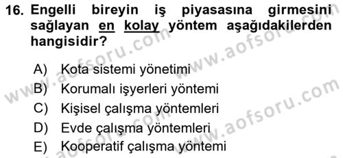 Engellilerle Sosyal Hizmet Dersi 2018 - 2019 Yılı Yaz Okulu Sınav Soruları 16. Soru