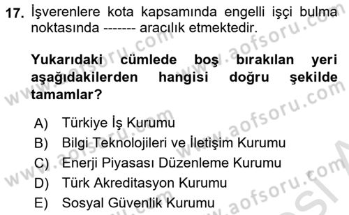 Engellilerle Sosyal Hizmet Dersi 2021 - 2022 Yılı (Final) Dönem Sonu Sınav Soruları 17. Soru