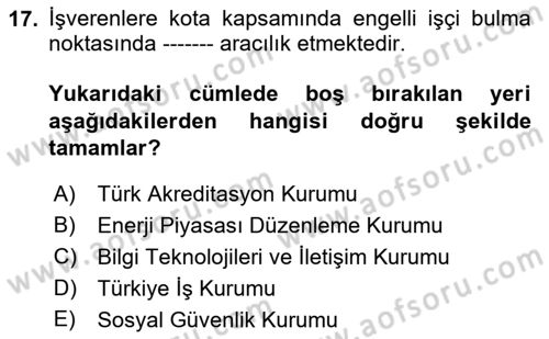 Engellilerle Sosyal Hizmet Dersi 2021 - 2022 Yılı Yaz Okulu Sınav Soruları 17. Soru