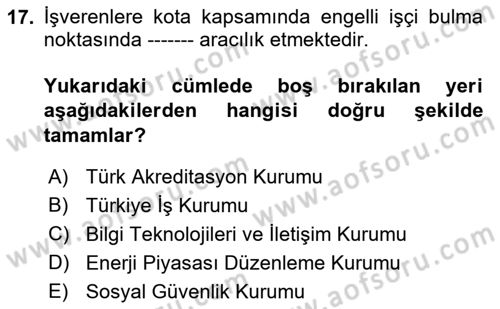 Engellilerle Sosyal Hizmet Dersi 2022 - 2023 Yılı Yaz Okulu Sınav Soruları 17. Soru