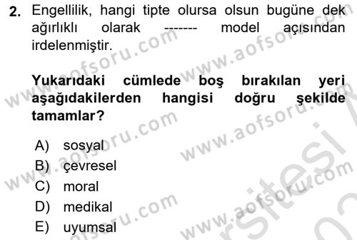 Engellilerle Sosyal Hizmet Dersi 2022 - 2023 Yılı Yaz Okulu Sınav Soruları 2. Soru