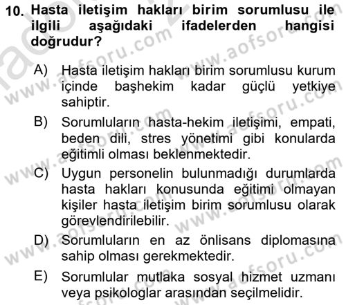 Tıbbi Ve Psiko-Sosyal Hizmet Dersi 2023 - 2024 Yılı (Vize) Ara Sınav Soruları 10. Soru