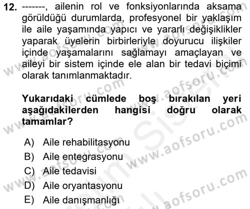 Aile Ve Çocukla Sosyal Hizmet Dersi 2018 - 2019 Yılı (Vize) Ara Sınav Soruları 12. Soru